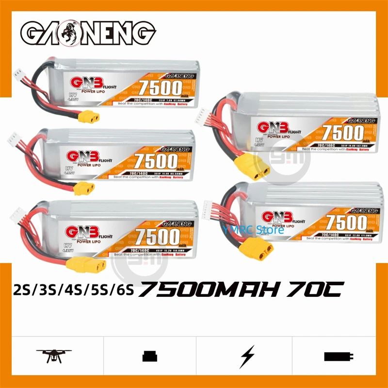 Gaoneng GNB 7500mAh 2S/3S/4S/5S/6S 7.6V/11.4V/15.2V/19V/22.8V 70C HV LiPo Battery with XT60/XT90/T-Plug Plug for RC Cars Drone