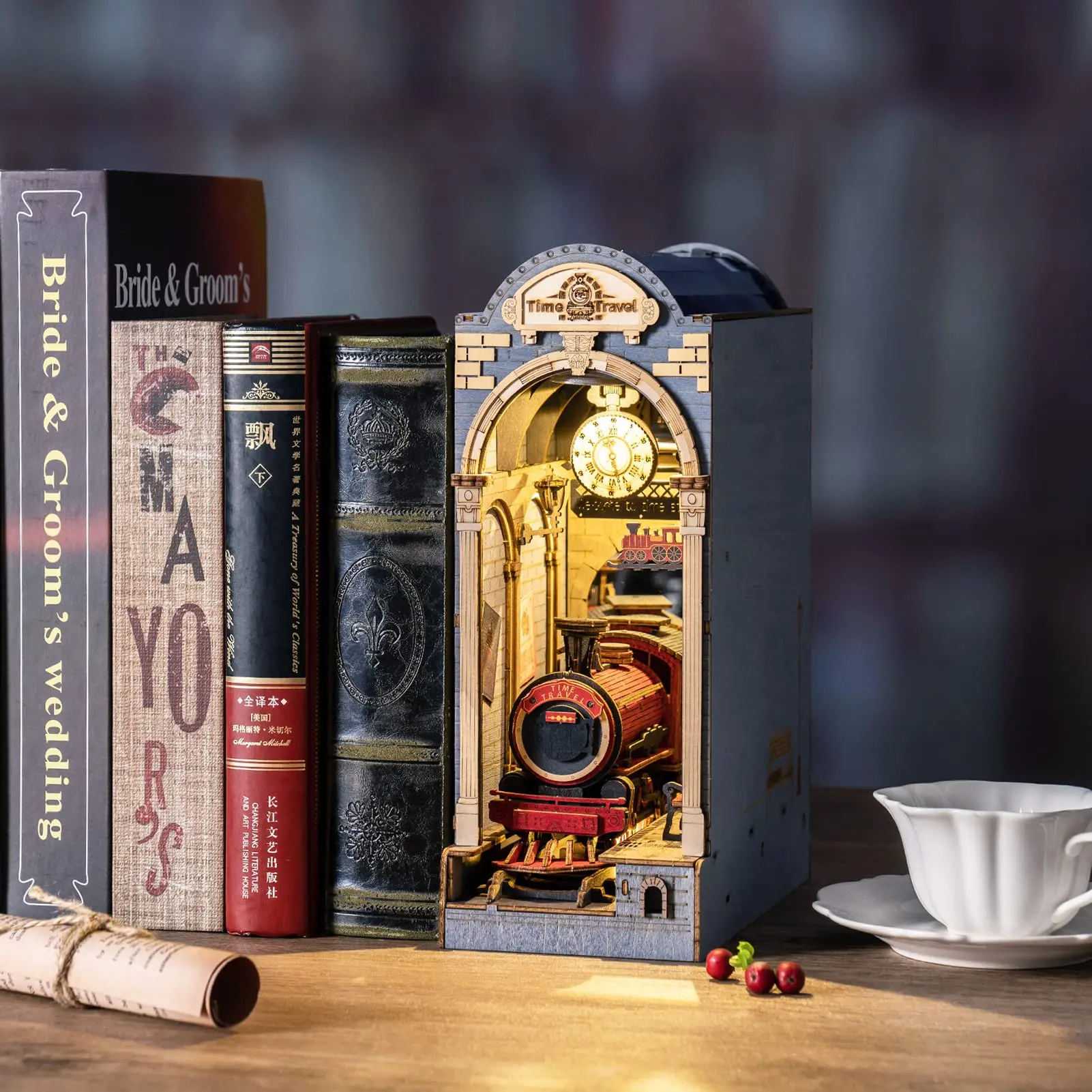 Rolife DIY 3D Wooden Book Nook Puzzle Kit with LED Bookend Diorama Miniature Bookshelf Set Ideal Gift for Adults And Teens