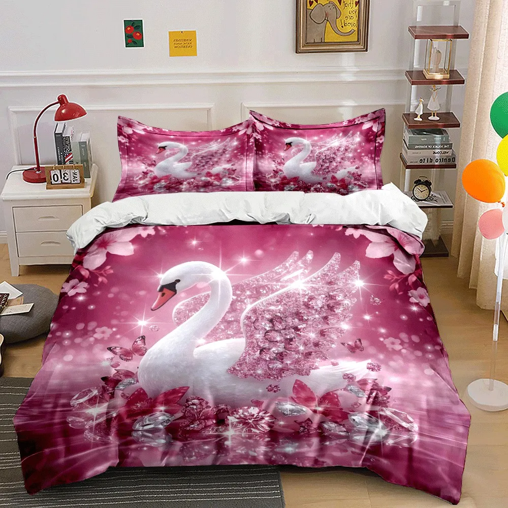 Elegant Swan Jewel Set: Decorative Beauty Exquisite three-piece bedding set gift for kids and adults