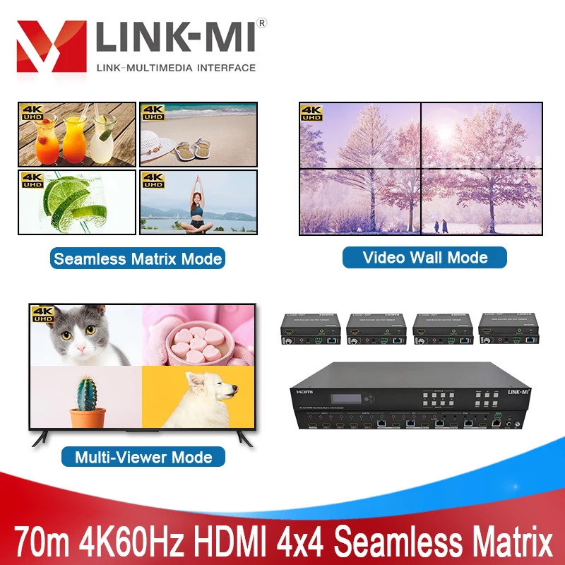 4x4 Seamless HDMI Matrix Switch up to 70m Multifunctional 2x2 Video Wall 4x1 Multi viewer with Audio, EDID, PoC Function