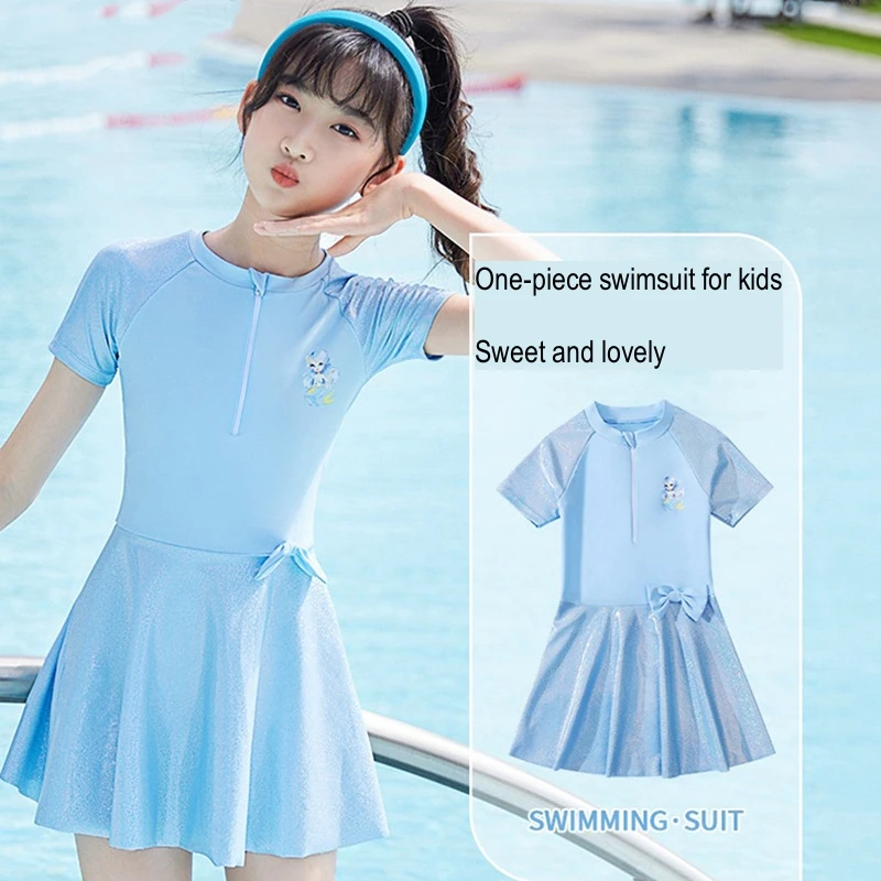 Children Short Sleeve Sun Protection Front Zipper WaterProof Athletic Swim Skirts Girl Quick-Drying Beach Bathing Surfing Suit