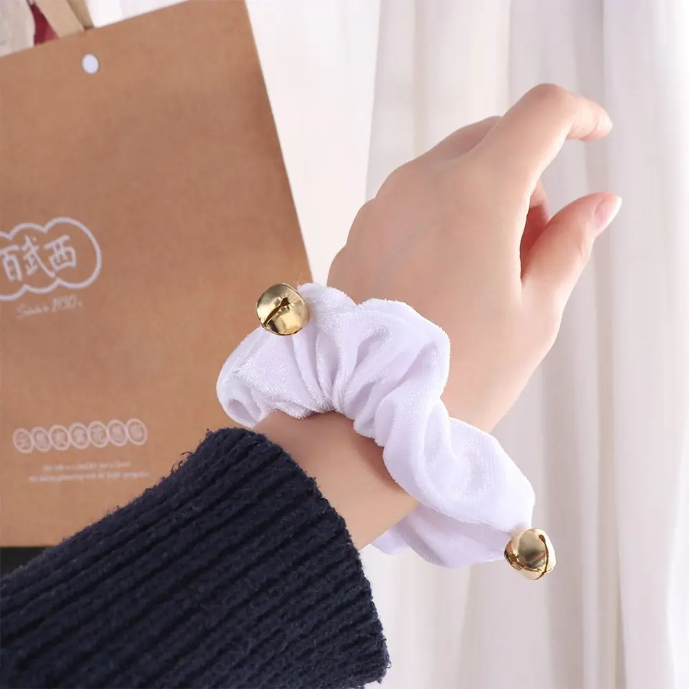 新年クリスマスヘアロープベルベット小さなベル付きクリスマスヘアスクランチー無地カラー伸縮性女性用ヘアリング