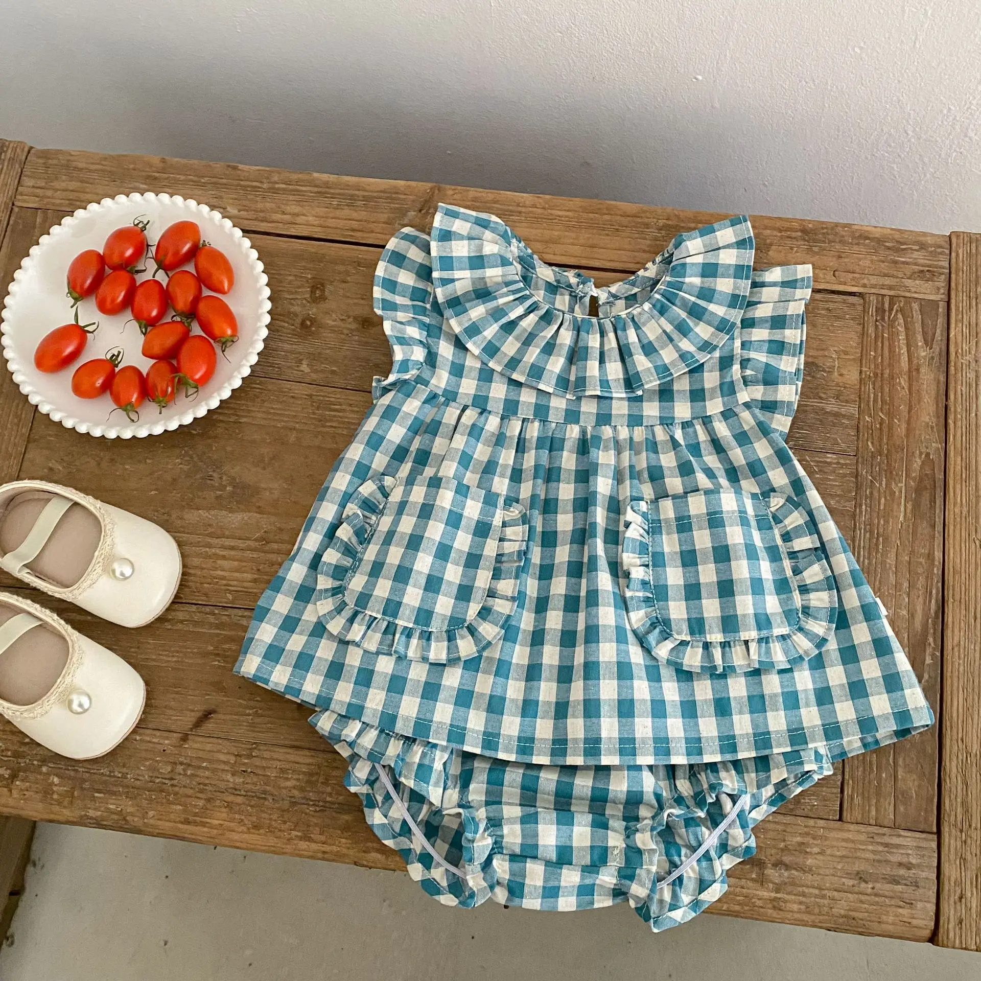 

2026 Summer New Baby Short Sleeve Clothes Set Girls Ruffle Collar Plaid Tops + Shorts 2pcs Suit Thin Toddler Cotton Outfits