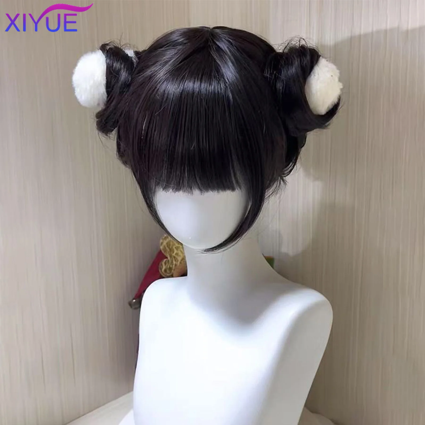 Parrucca sintetica corta riccia con doppia coda di cavallo Frangia Cosplay Lolita Party Chic Girls Princess Marrone Nero Capelli corti resistenti al calore