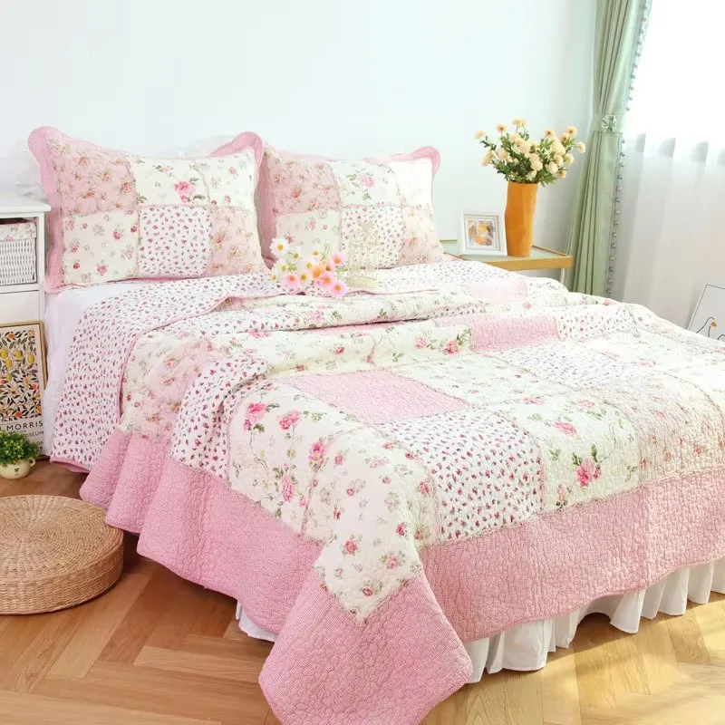

CHAUSUB Pink Patchwork Cotton Quilt Set 3pc Queen Size Floral Quilted Bedspread on the Bed Blanket Coverlet Home Decor Comforter