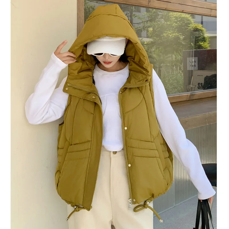 

Autumn Winter New Down Cotton Vest Women's2023 Joker Hooded Waistcoat Korean Loose Sleeveless Coat Short Padded Warm Vest Female