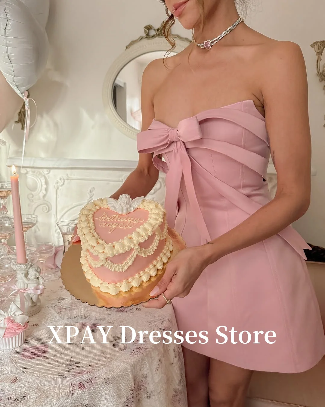 

XPAY Princess Bowknot Mini Short Prom Party Dresses Women Cocktail Dress Summer Birthday Formal Gowns Sweet Dusty Pink Customize