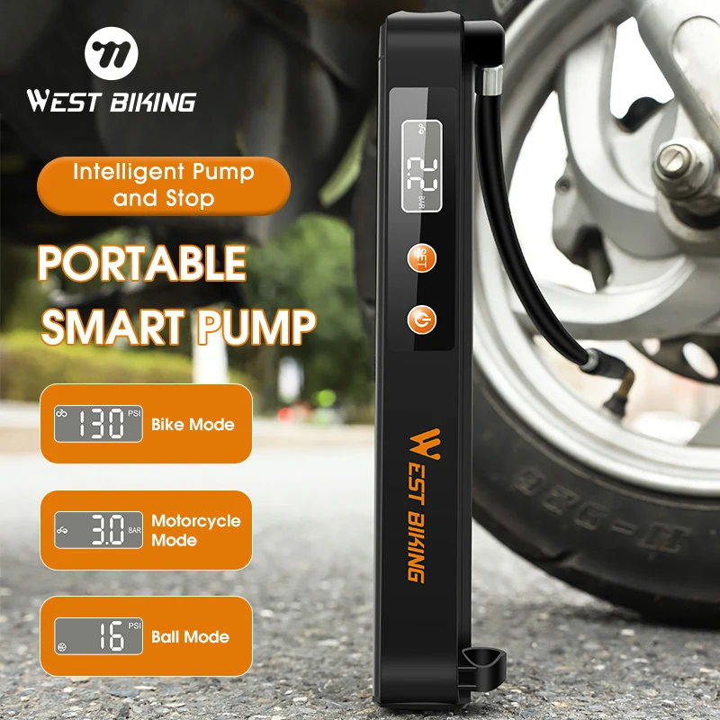 WEST BIKING Electric Bicycle Pump 7.4V 1500mAh 130 PSI Tire Inflator With Pressure Gauge Rechargeable Bike Motorcycle Ball Pump