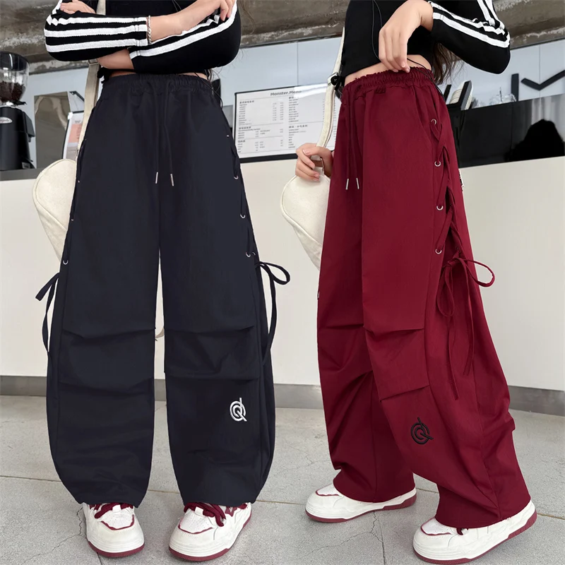

High Fashion Children y2k British Style Hip Hop Pants with Side Drawstring for Teen Girls Street Trousers Kids Stage Sweatpants