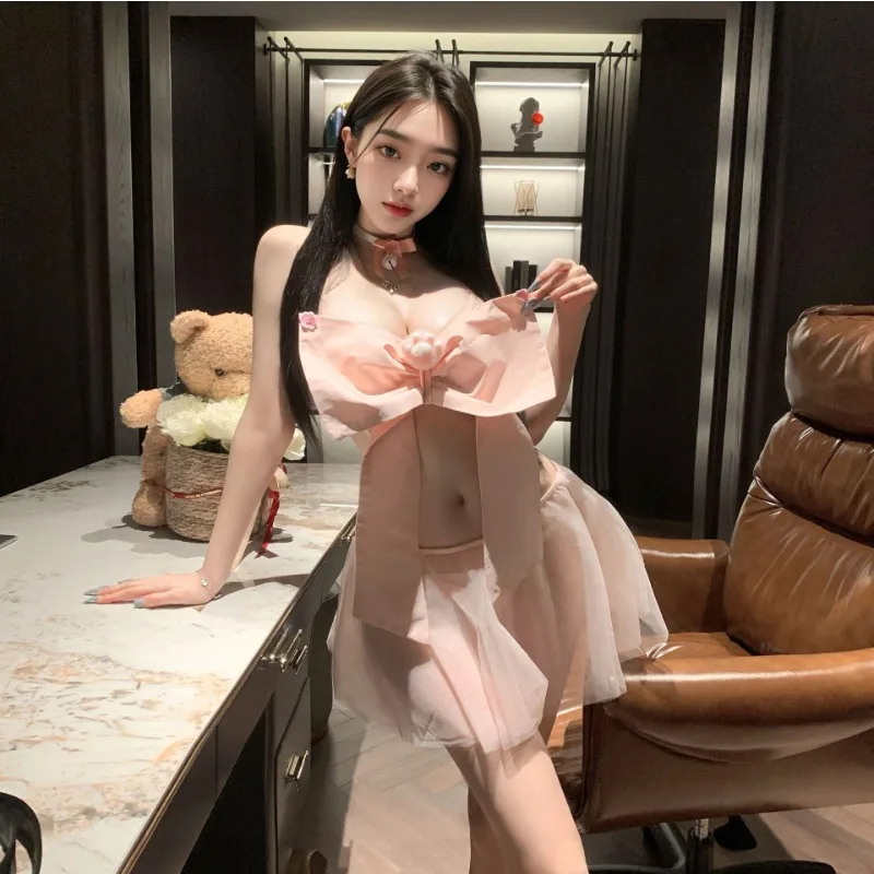 

Ladies' Sexy Lingerie Sexy Bow Hollow Out Exposed Breast No Shedding Hanging Neck Strap Mesh Midnight Charm Hot Set