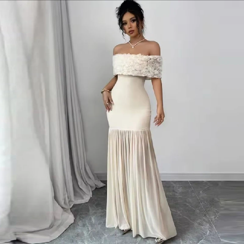 

Floor-Length Wedding Party Formal Gowns Off Shoulder Customized White Evening Dresses Short Sleeve Chiffon Prom Dress 2025