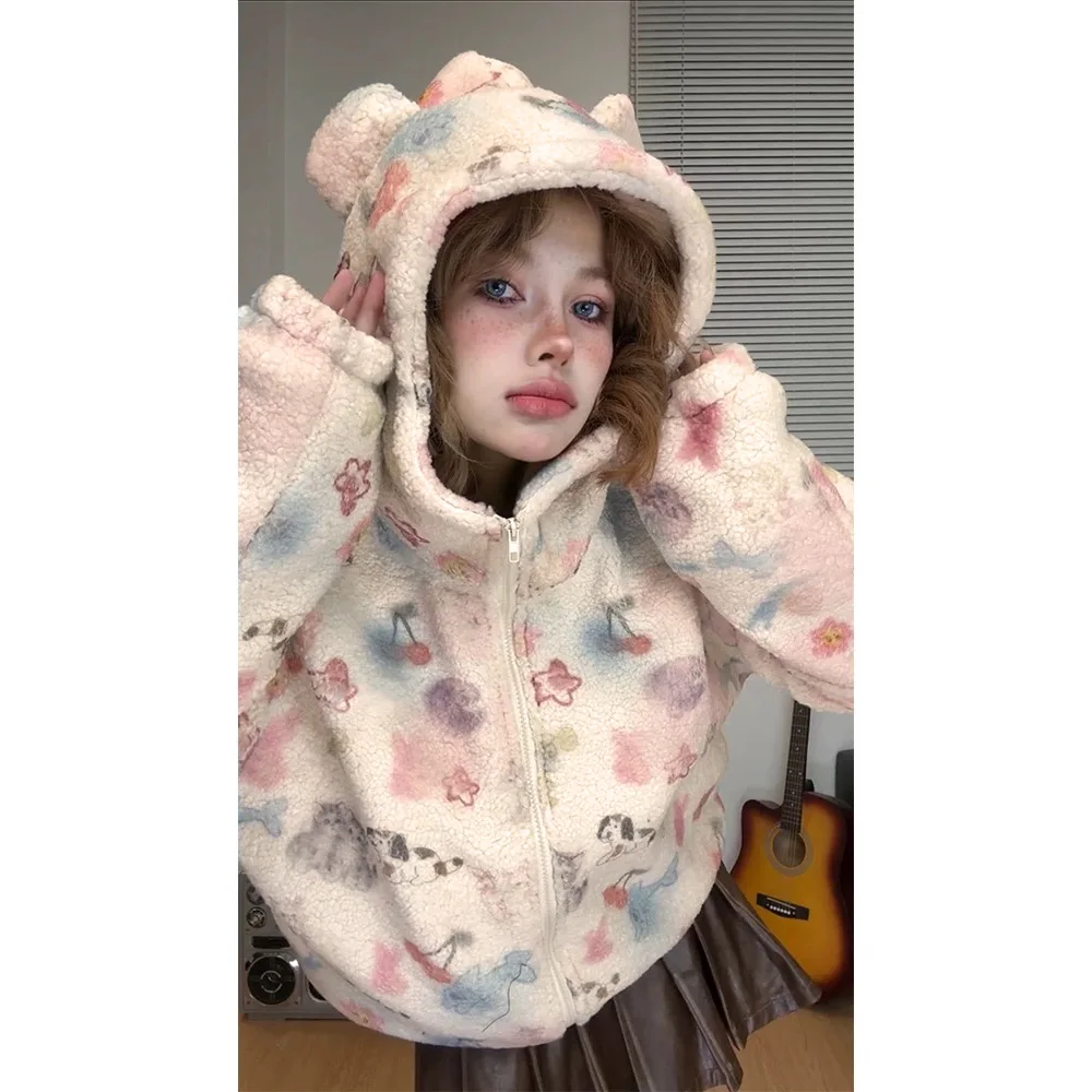 Cotton Graffiti Lambswool Kawaii Winter Jacket Women Cutecore Warm Hood Hoodies Zipper Korean Y2K Lolita Beige Pink Fluffy Coat