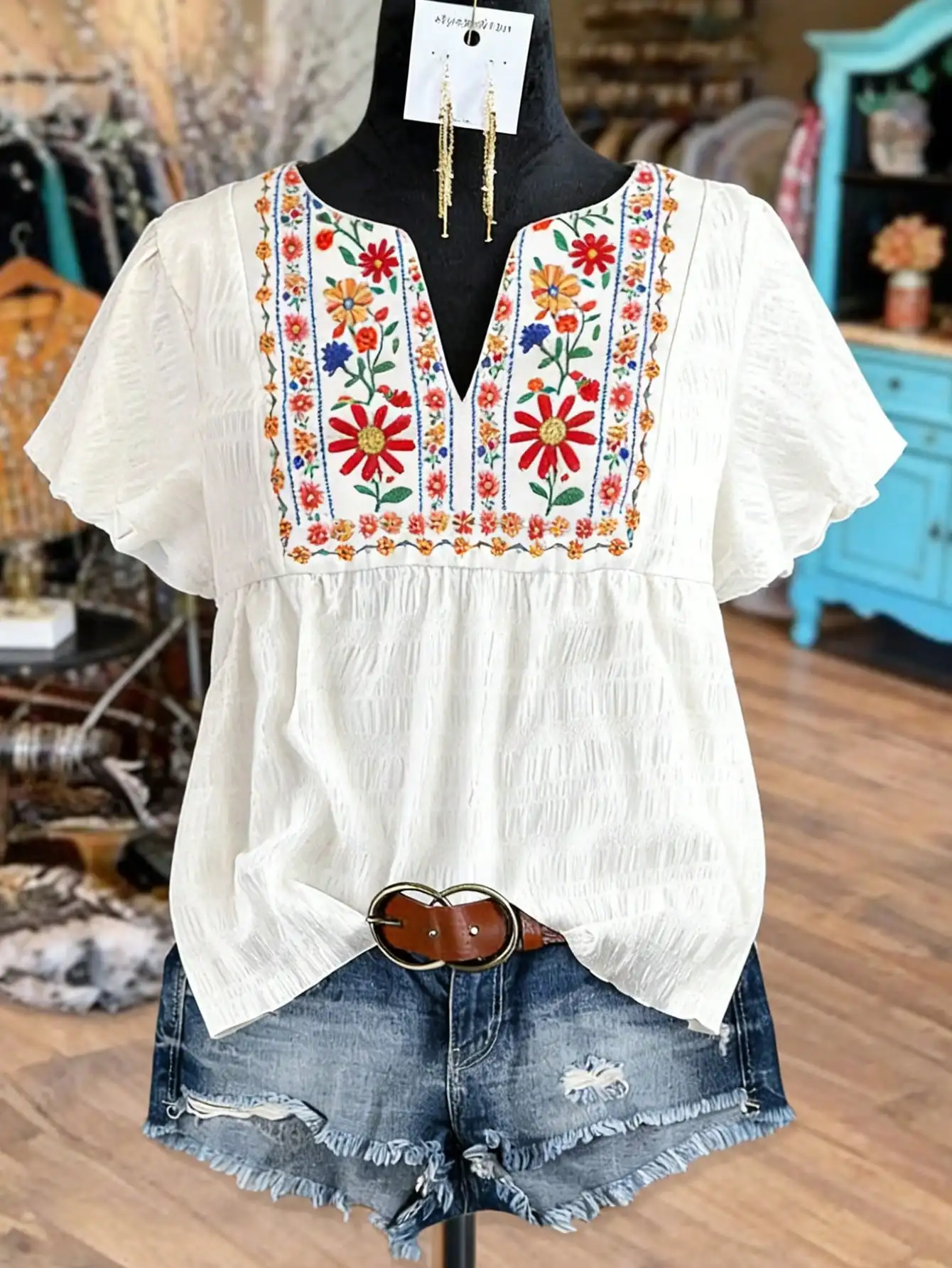 

Блузка с цветочным принтом в стиле бохо, имитирующая вышивку, с V-образным вырезом и короткими рукавами, женская повседневная летняя блузка