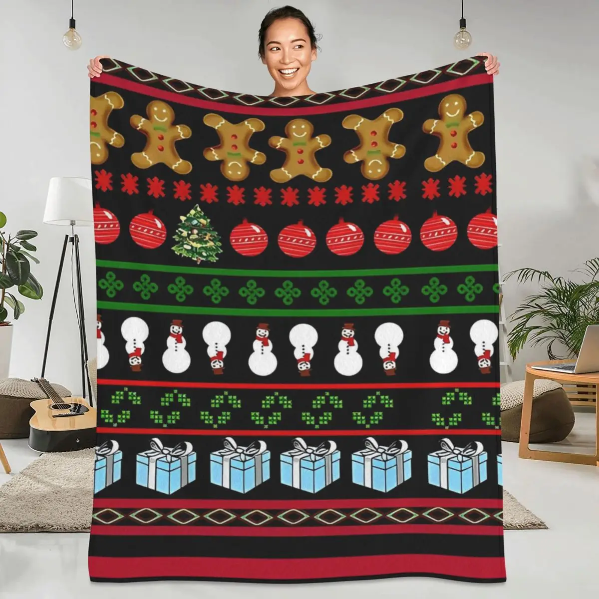 Adorable Ugly Christmas Sweater Black Background Blankets Camping Flannel Throw Blanket For Couch Bed Warm Bedspread Gift Idea