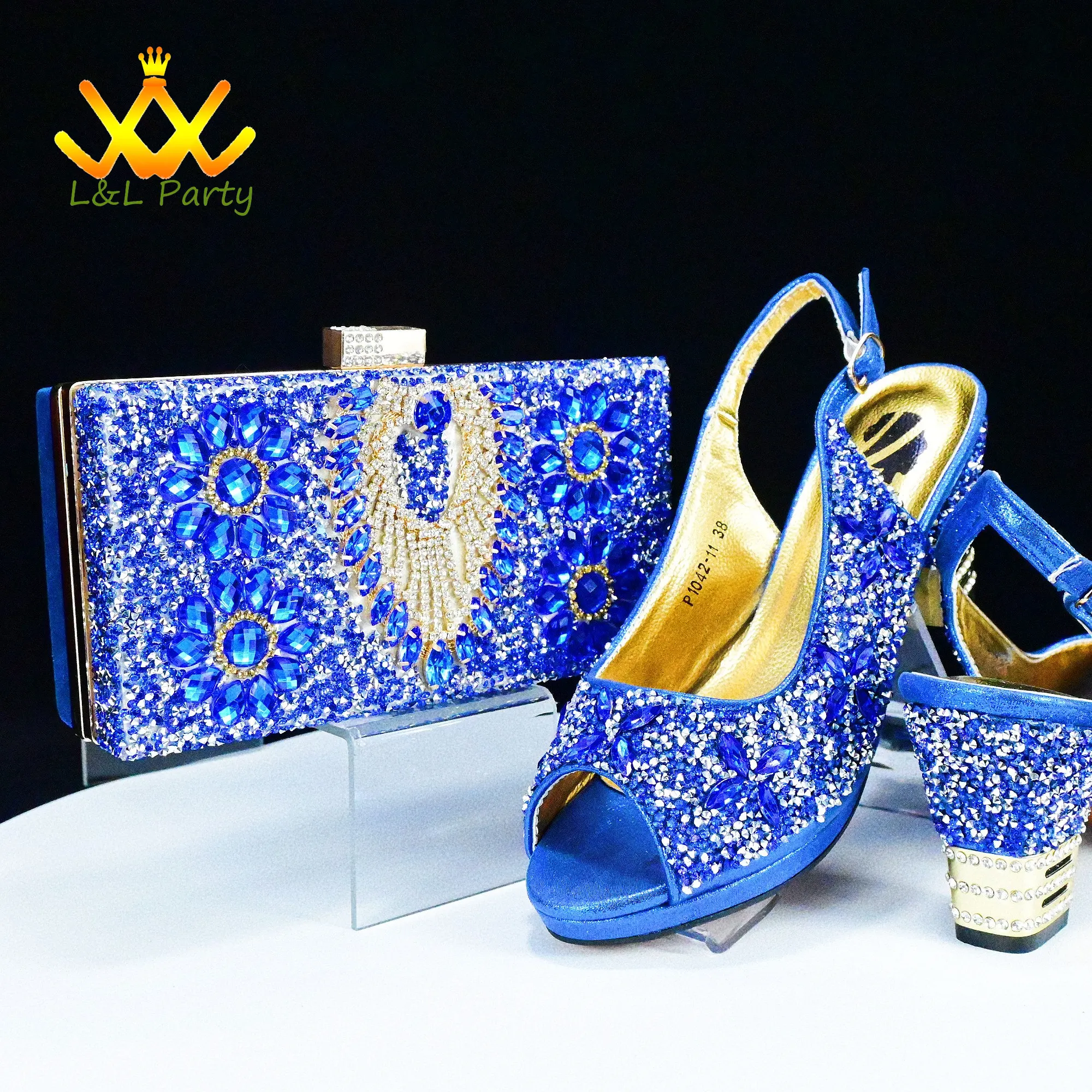 Blue Color Fashion New Arrivals 2024 Spring Summer Design Italian Women Shoes Matching Bag Set with Shinning Crystal for Party