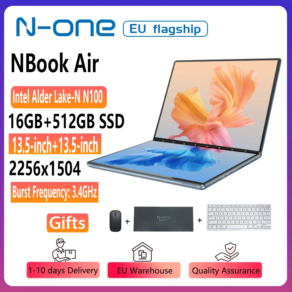 N-one NBook Air con Windows 11, Intel N100, Pantalla Táctil Dual de 13.5 Pulgadas 2256x1504, 16GB LPDDR5, 512GB SSD, Wi-Fi 5