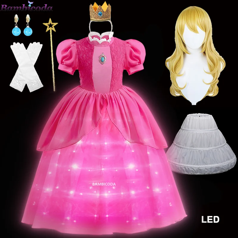 Peach Girls Peach Cosplay Dress Up Kid Final Level Peach Costume Movie Elegant Party Frock Princess Game Role Play 4-10 Years