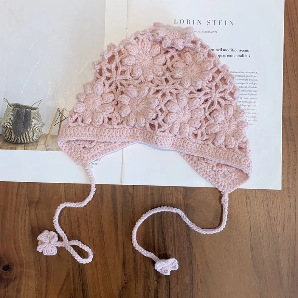 

Breathable Handmade Kids Knitted Hat Hollow Flower Fringed Skullies Hat Casual Bohemian Style Princess Cap for Child Girls