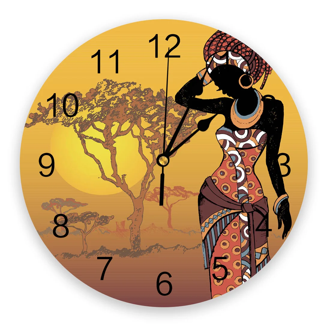 African Woman Plant Trees Art Wall Clock For Home Living Room Bar Cafe Decor Silent Round Pvc Wall Clocks