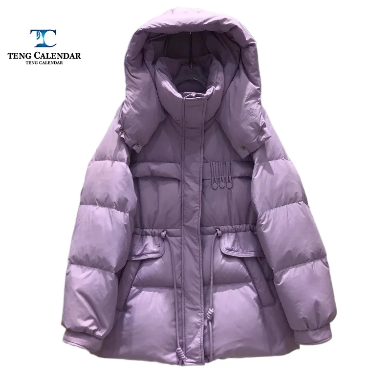 Winter Down Jacket, Hooded Mid Length Drawstring, Loose and Thick Duck Down Jacket, 2024 Women\'s New Style