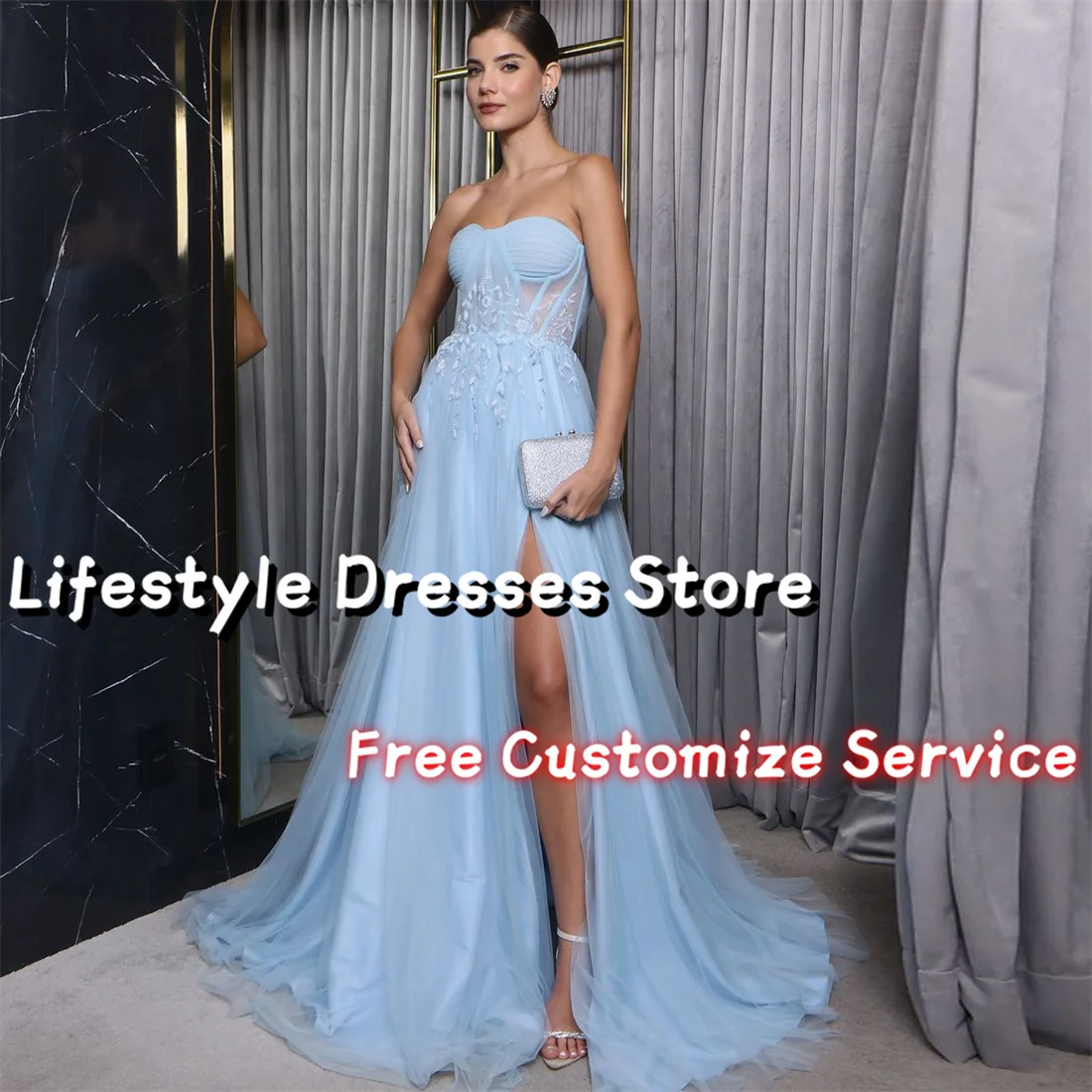 

Sweetheart Tulle Sleeveless Long Prom Dresses Beads Shiny Flower Evening Dress Elegant A-line Side Slit Party Gown Formal Dress