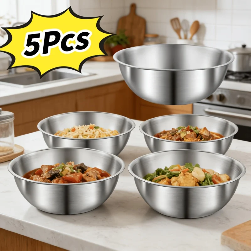 5Pcs, Multi-Functional Stainless Steel Kitchen Bowls for Baking, Mixing Eggs and Dough, Preparing Ingredients, Serving Salads, Washing and Draining Vegetables, Household Storage Bowls, Multi-Functional Kitchen Baking and Ingredient-Preparation Bowls, Stainless Steel Cooking Basins, Kitchen Baking and Mixing Basins, Household Salad and Vegetable Washing Basins, Suitable for Small Kitchens in Europe and America, for Home Use, Picnics, and Baking, Versatile for Multiple Scenarios