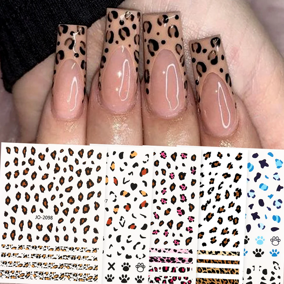 Brown Leopard Maillard Style Nail Sticker Irregular Pink Blue Leopard Print Autumn Winter Nails Woman Lady Casual Manicure LE-JO