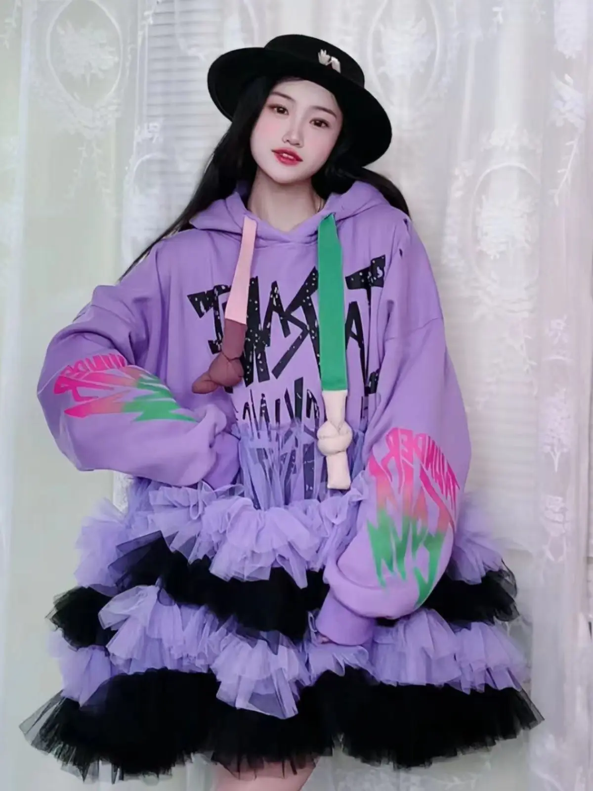 Letters Printed Mesh Ruffles Hooded Sweatshirt Graffiti Hand-Painted Long Pullovers Gauze Pleated Lotus  Patchwork Hoodies Tops