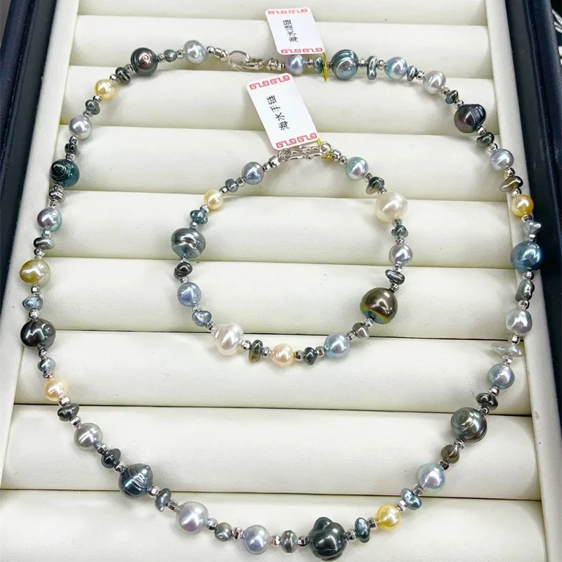 

Luxury Tahitian Keshi & Hanadama Akoya Baroque Necklace, 925 Silver Mixed Pearl Collar, High-End Ocean Jewelry