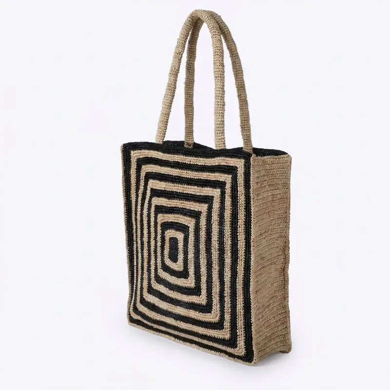 Striped raffia woven straw bag luxury handmade beach vacation tote large capacity for women seaside travel accessory view 3