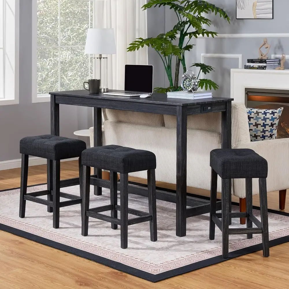 

Комплект из 4 предметов: барный стол с розеткой, промышленный обеденный стол для завтраков с 3 мягкими стульями, обеденный стол из массива дерева для стойки барной высоты