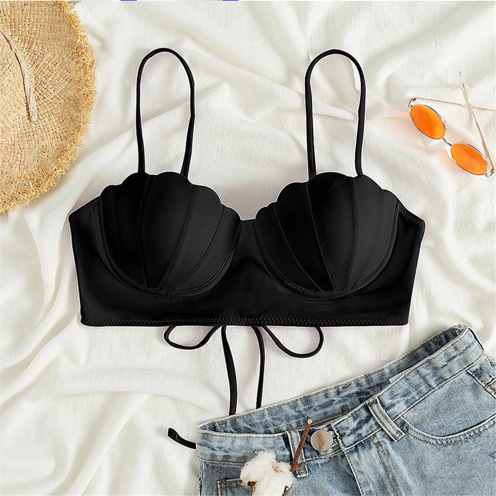 Women Bikini Bra Push Up Padded with Wire Spaghetti Strap Solid Color Swimming Seashell Shape Lace Up Beach Swimming Top Women