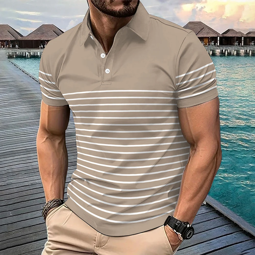 Herren-Kurzarm-Poloshirt mit Digitaldruck, gestreift, lässig, Sportoberteil mit Knöpfen. Als Geschenk, es wird voller Überraschungen voll