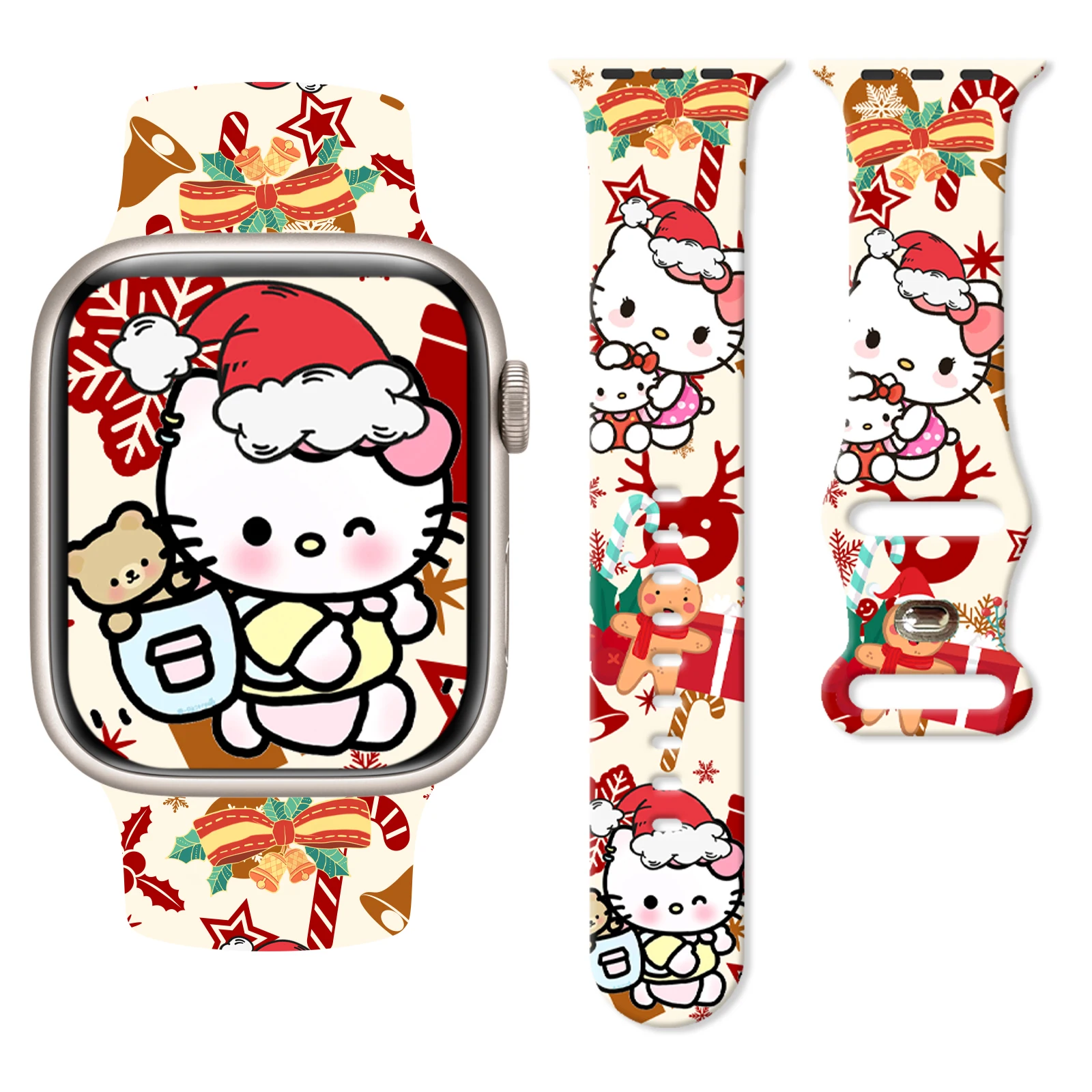 

Sanrio Happy Christmas Hello Kitty Print Strap for Apple Watch Series 11/10/9/8/7/SE, Soft Silicone Band 46mm 45mm 44mm 42mm