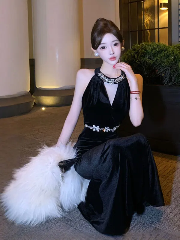 

Korean High-End Velvet Dr Hepburn Sle Slim Fit V-Ne Hanging Ne Line Bodycon Skirt Winter Faion Women's Dr