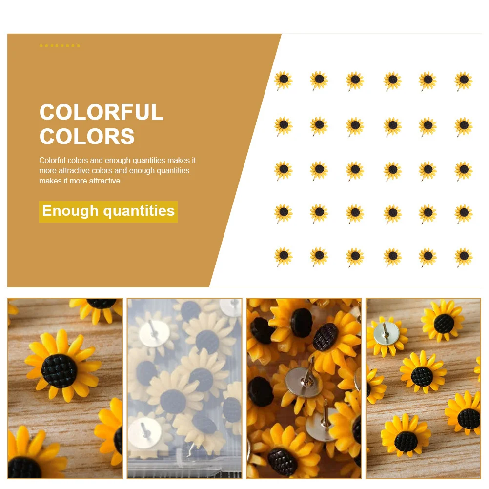 30Pcs Sunflower Map Pins Decorative Resin Iron Thumb Tacks for Home Office DIY Bulletin Board Decor Multi-Function Push Pins