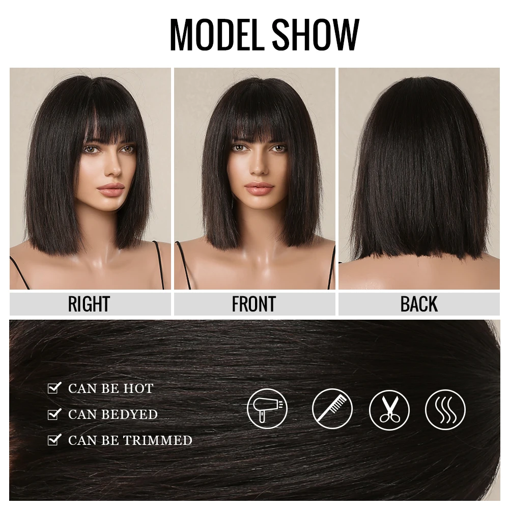 High Density Human Hair Bob Wigs Short Straight Natural Black Wig with Bang Realistic Scalp 100% Remy Human Hair Wigs for Women