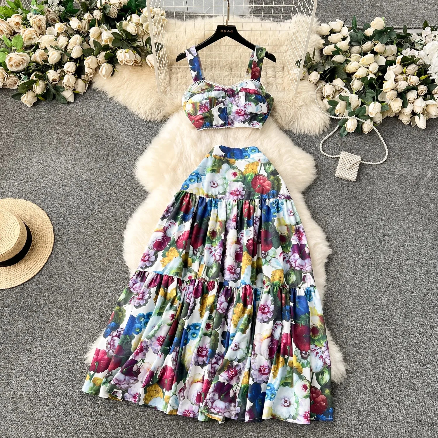 Runway Summer Maxi Skirt Top Suit Two Pieces Womens Outfits Fashion Floral Print Spaghetti Strap Holiday Beach Dress Set