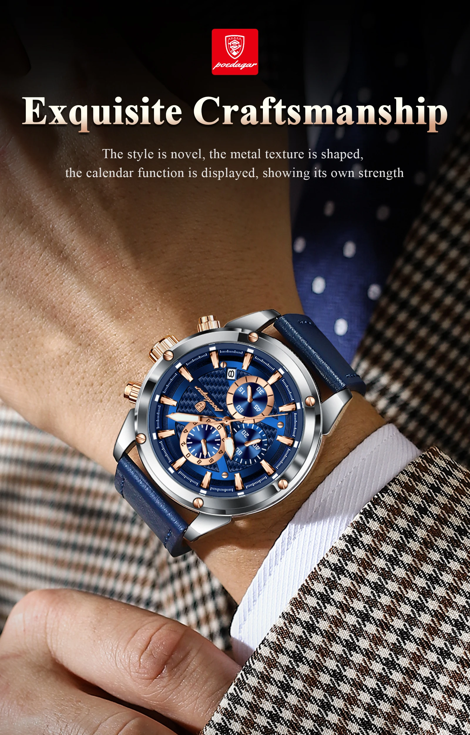 POEDAGAR Business-Mann-Uhr, wasserdicht, leuchtend, Chronograph, Datum, Original-Uhren für Herren, Leder, Luxus-Herren-Quarz-Armbanduhr – Detail 13