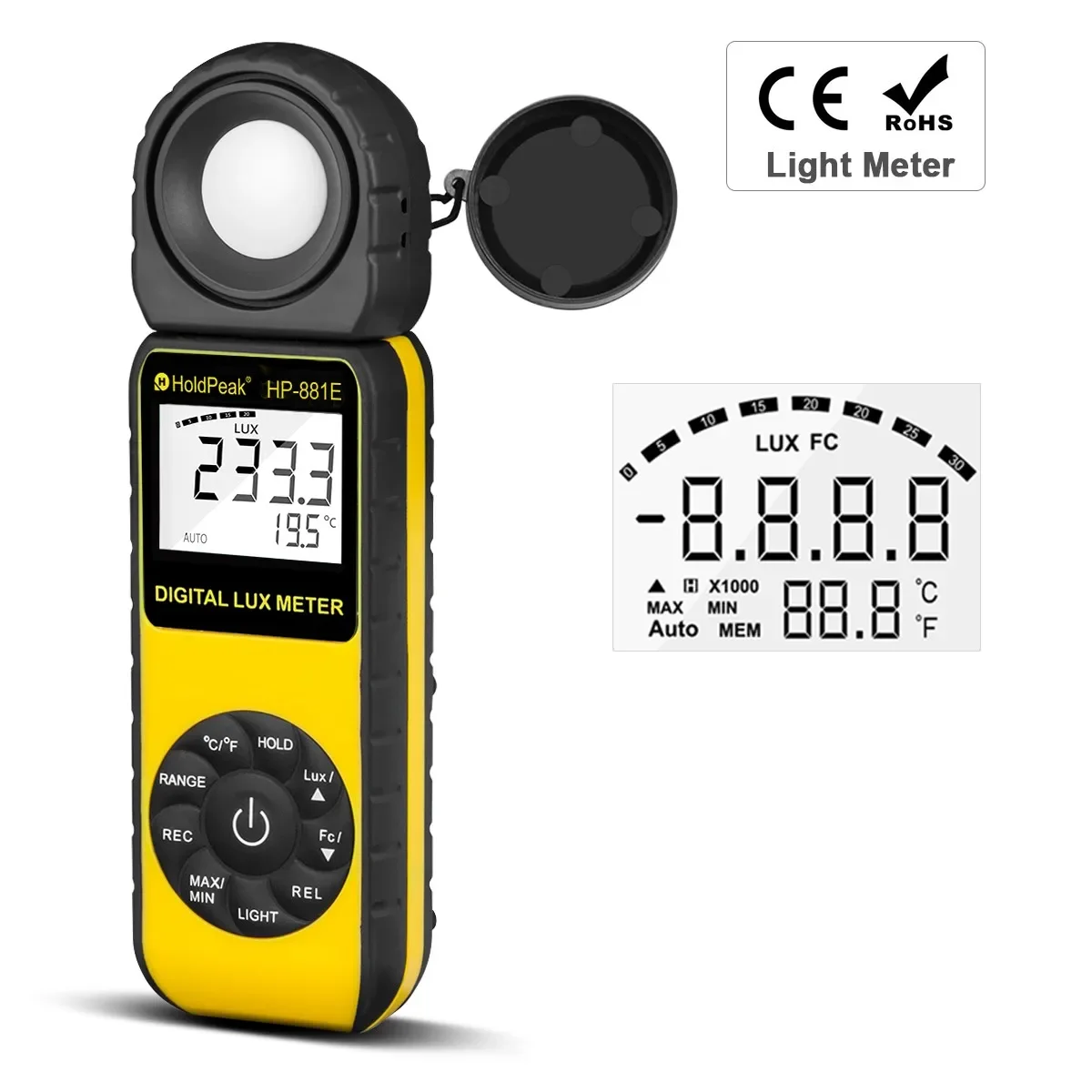 

881E Digital Illuminanc/Light Meter with 0.01~300,000 Lux(0.01~30,000 FC) Measuring Ranges for LED Lights and Plants Lumen Meter