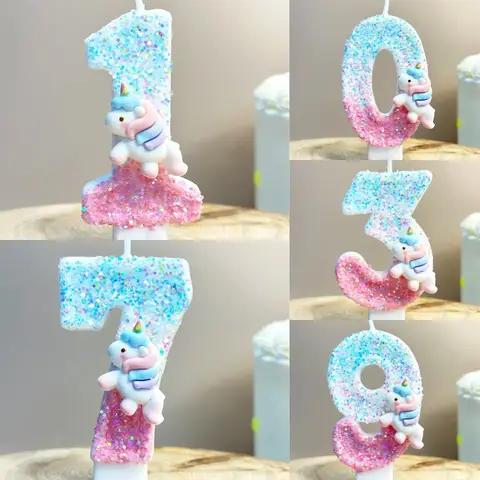 Bougies d'anniversaire licorne 0-9 chiffres rose bleu, bougie à gâteau, dessin animé à la mode, décoration de fête mignonne