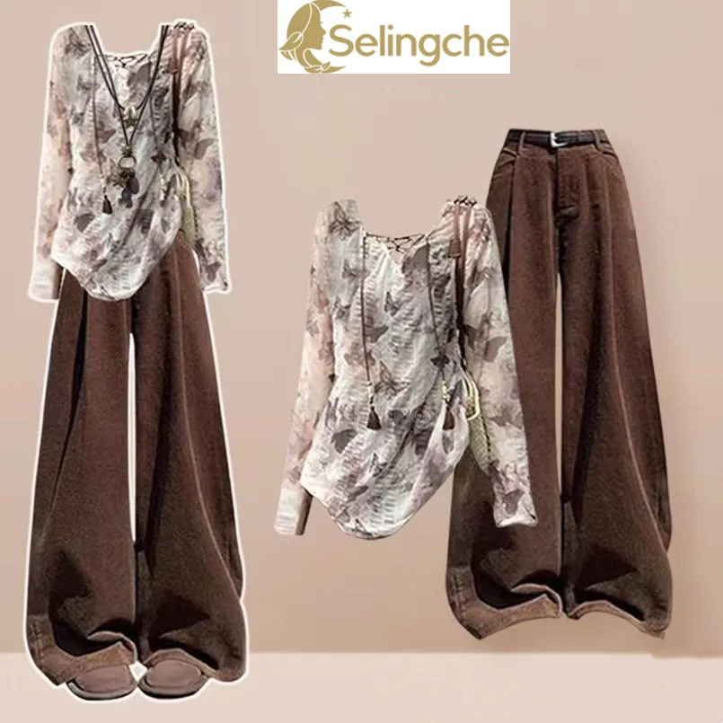 

Fashion Set Women's Spring and Autumn Korean Style Butterfly Printed Top+Retro Casual Pants Two Piece Set