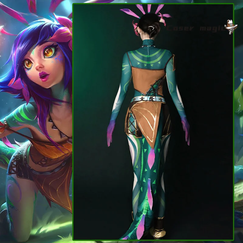 أزياء LOL the Curious Chameleon Neeko التأثيرية للنساء من Neeko أزياء حفلات الهالوين مجموعة كاملة مع ذيول #3