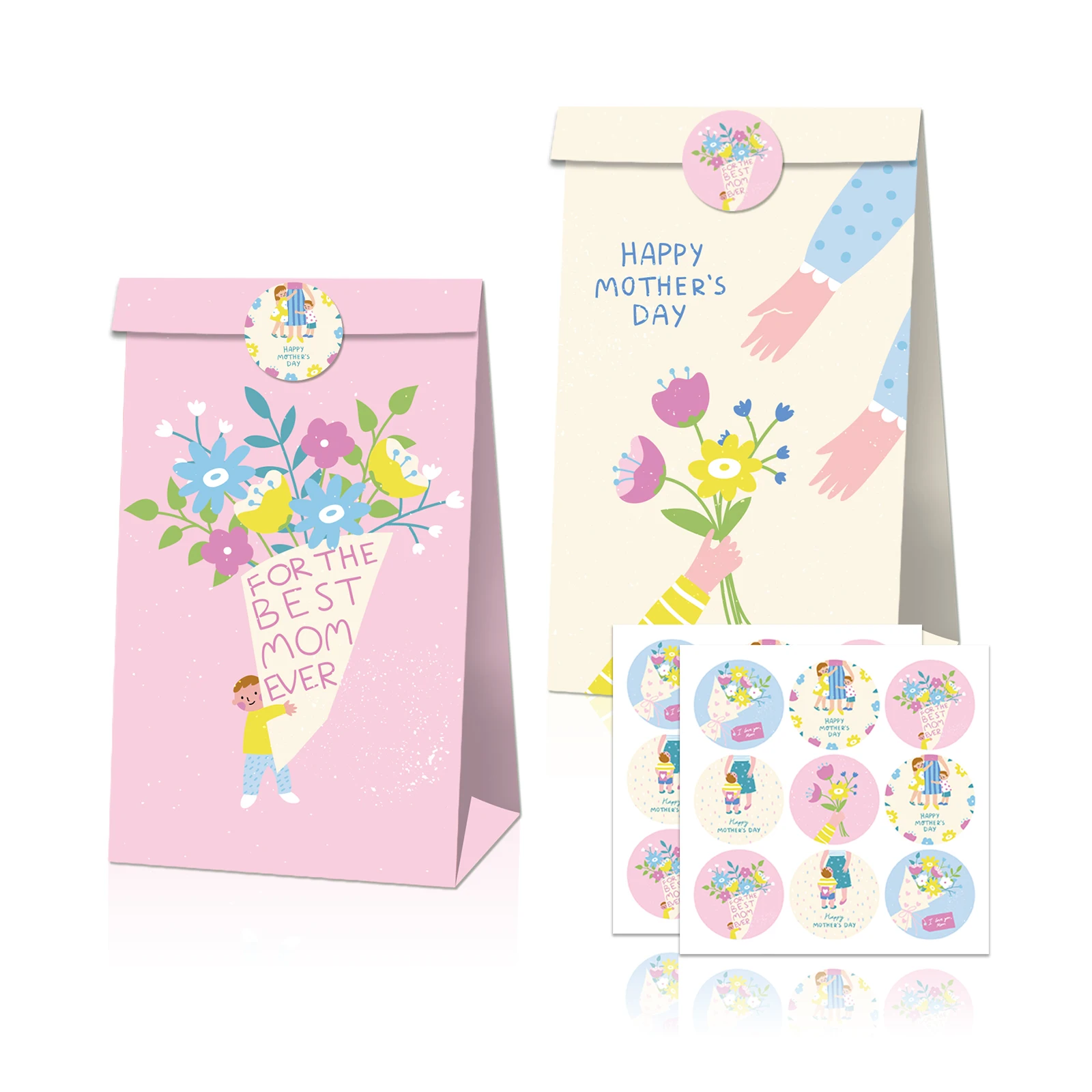 

LB086 12Pcs Sweet Happy Mother's Day Carnation Flower Mom Birthday Party Candy Kraft Paper Gift Bags Thank You Party Decorations