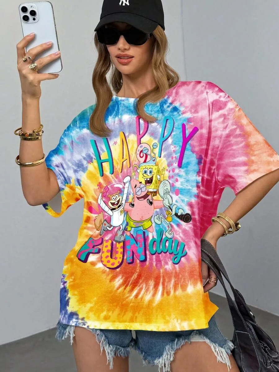 

Summer New SpongeBob SquarePants Tie Dyeing Fashion Short Sleeved Boys Girls/Adults Street Casual Large Loose Breathable T-shirt