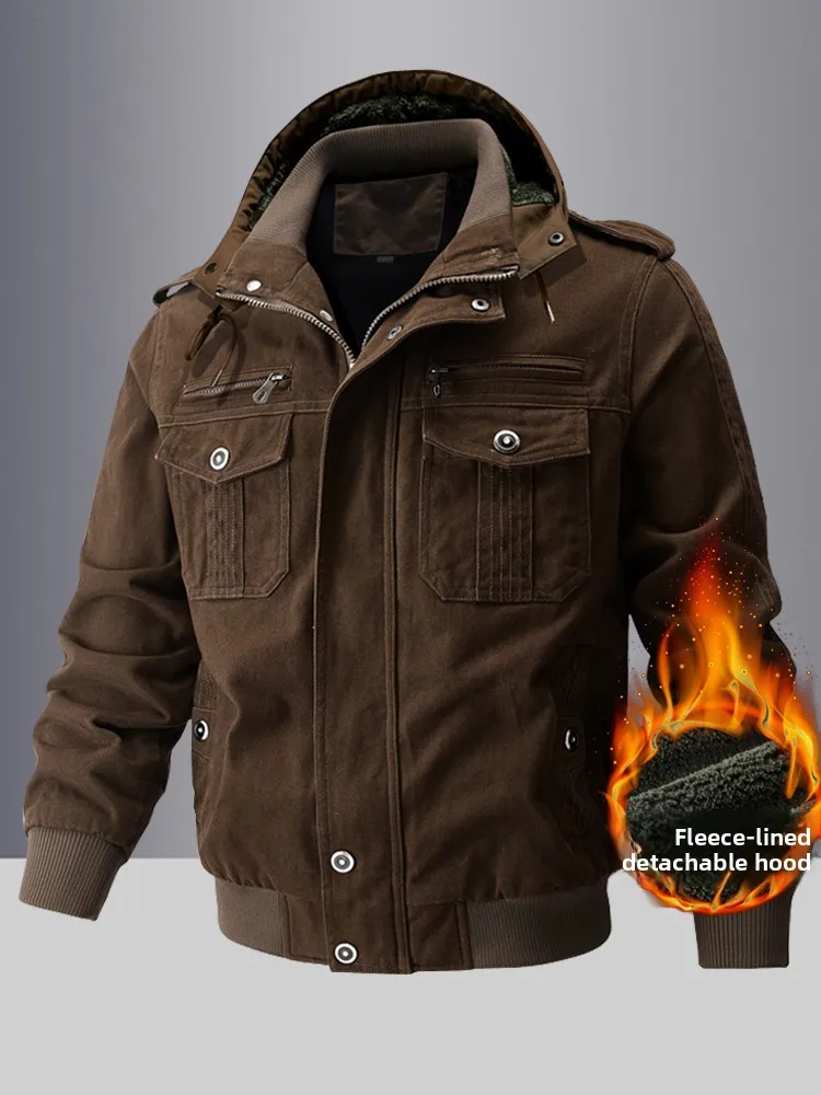 

Retro Hooded Pilot Jaet Men's Autumn Winter Outdoor Casual Loose Fce Pure Cotton Workwear Coat with Multiple kets