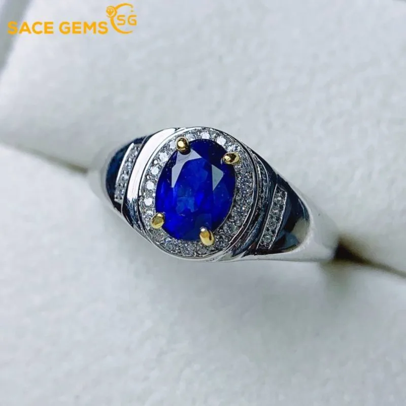 

SACE GEMS New 925 Sterling Silver Certified 5*7MM Natual Sapphire Rings for Women Engagement Cocktail Party Fine Jewelry Gift
