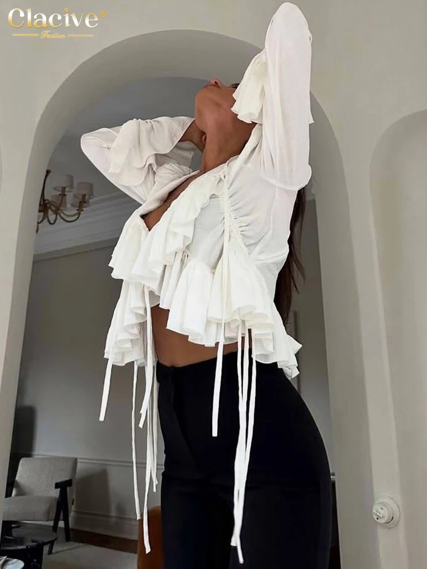 بلوزة نسائية بيضاء فضفاضة على الموضة من Clacive 2025 قميص مثير بياقة على شكل v وأكمام طويلة أنيق كلاسيكي مكشكش ملابس علوية متينة ملابس نسائية