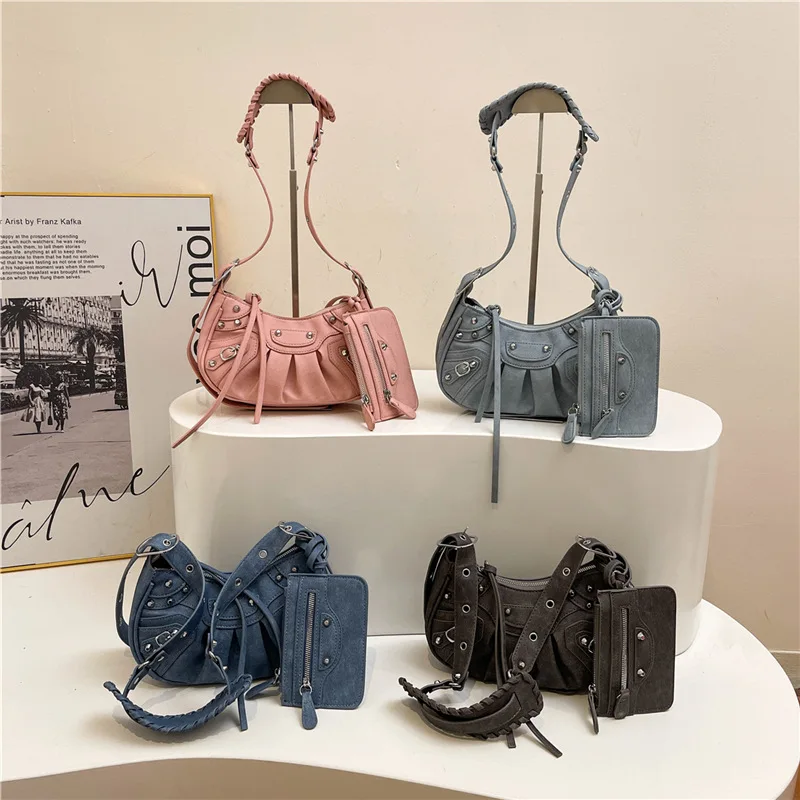 

2025 New Women's Fashionable Rivet - decorated Pleated Bag - Denim, Biker Style, Niche & Stylish Underarm Shoulder Crossbody Bag