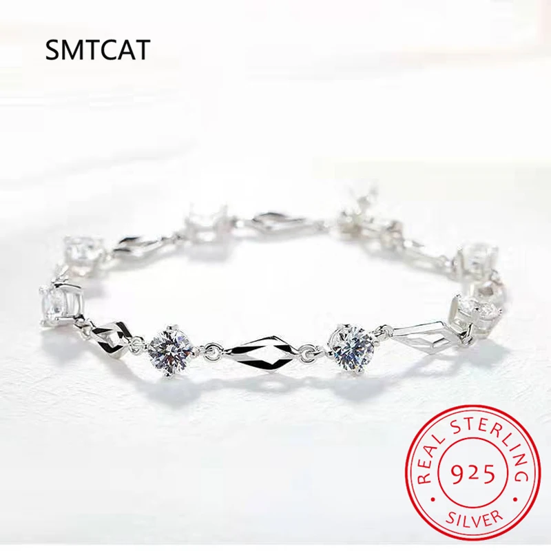 Solid 925 Sterling Silver Moissanite Tennis Bracelet for Women Lab Diamond Rhombus Bracelet for Engagement Party Gift